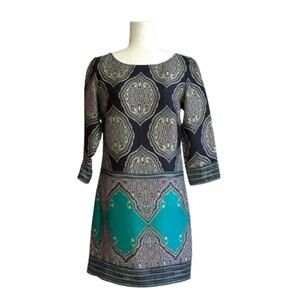 Laundry Shelli Segal Dress Blue Teal White Retro Print 3/4 Sleeve Shift Size 2